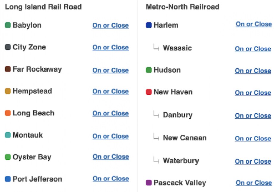 Snapshot of service status section of mta.info. Railroad lines separated into different categories